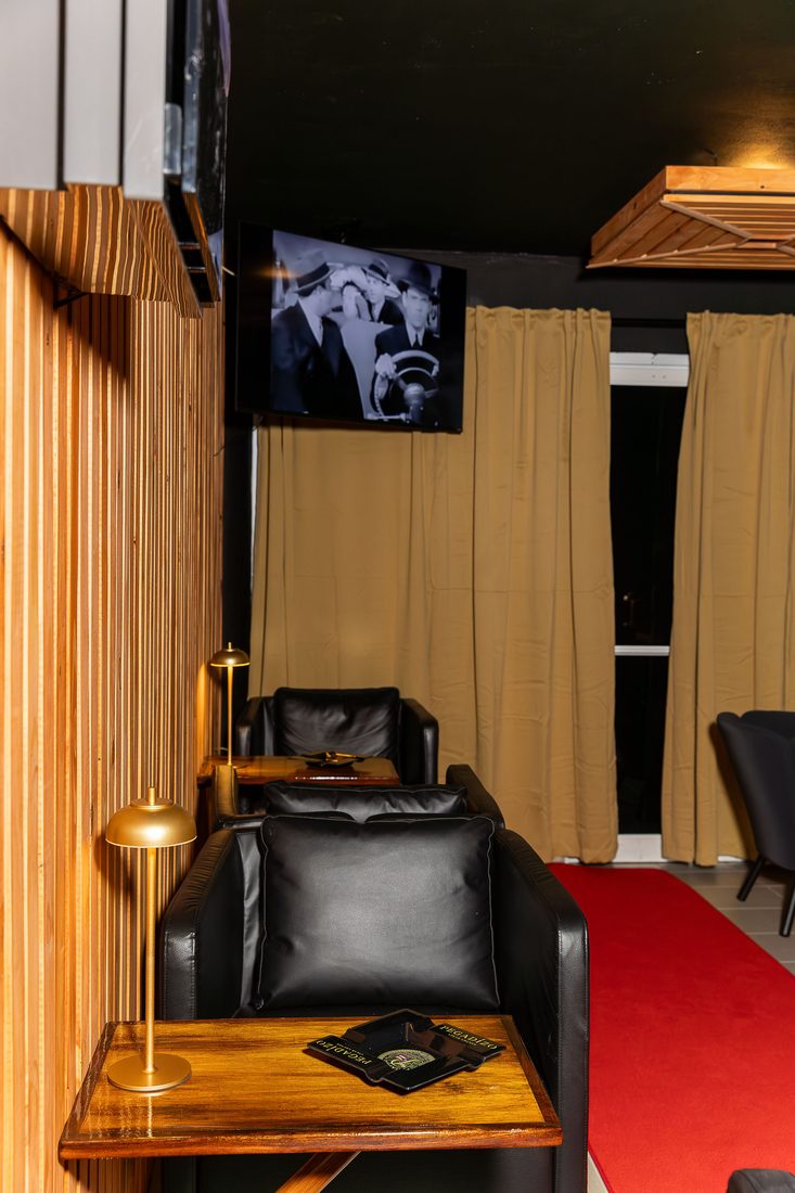 Sofa de cuero, mesa de madera y pantalla en el speakeasy privado